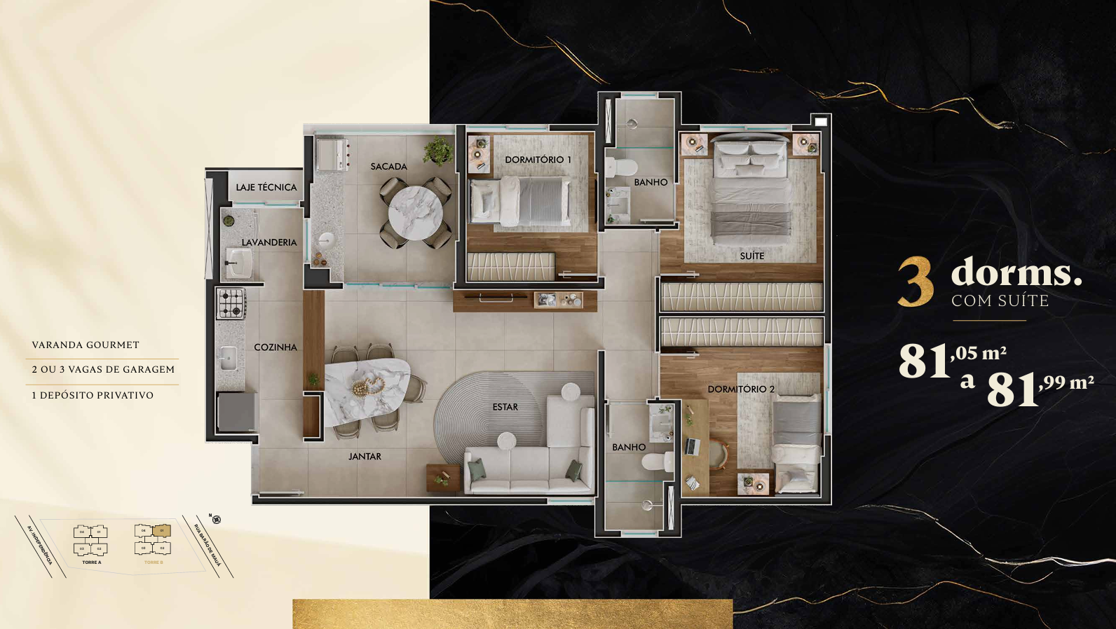 Planta 3 dormitórios